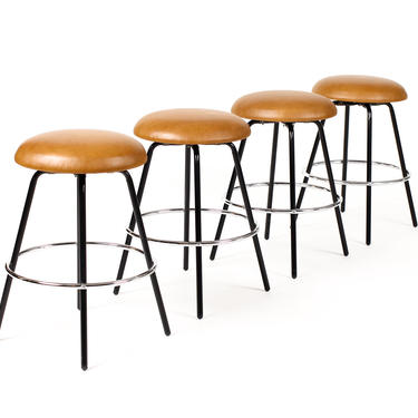 Mid Century Vintage Steel framed Barstools— Swivel Seats — Cognac leather — Set of Four 