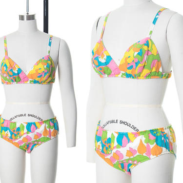 Vintage 1960s Bikini | 60s Psychedelic Novelty Print Floral Trees Peter Max Style Cotton Low Rise Two Piece Swimsuit (x-small) 