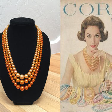 She Was the Colour of Fire - Vintage 1950s 1960s Orange Ombre 3 Strand Faux Pearl Necklace 