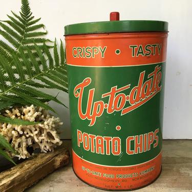 Vintage Up-To-Date Potato Chips Tin, Norwood Ohio, Chips And Snacks Tin, Farmhouse Decor, Orange And Green 