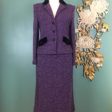 1980s suit, skirt and jacket, castleberry, purple knit, vintage 80s suit, size medium, secretary style, office, 36 bust, formal suit 