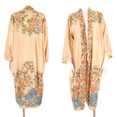 30s PONGEE silk Japanese kimono / vintage beige floral print rare Deco duster robe antique one size 1930s 1920s 