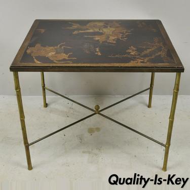 Brass Faux Bamboo Chinoiserie Maison Bagues Style Wood Lacquer Accent Side Table
