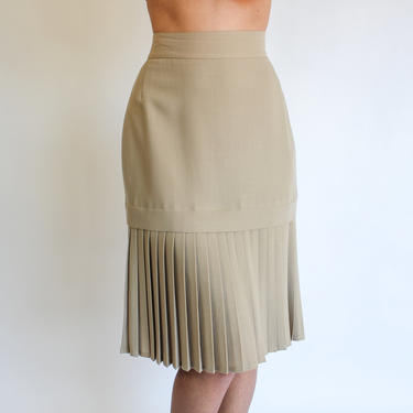 Vintage 80s Genny Light Tan High Waisted Wool Gabardine Pleated Skirt | Made in Italy | Versace, Claude Montana | 1980s Designer Skirt 