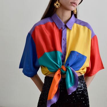 silk colorblock collared short sleeve blouse 