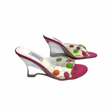 Vintage 90's Pink Fresco Lucite Heels Polka Dot Slides Sandals, Size 9.5 