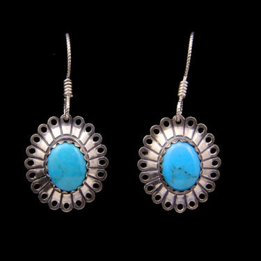 Vintage Sterling Silver &amp; Turquoise Dangle Drop Earrings Southwestern 