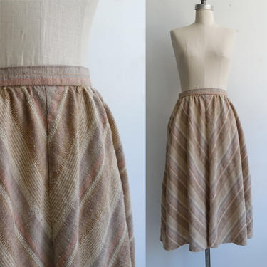 Vintage 70s Striped Midi Skirt/ 1970s Neutral Earth Tones/ Nubby Woven A Line Skirt with Pockets/ Patty Woodard/ Size 26 small 