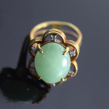 Vintage Estate 14k Solid Yellow Gold Jade Cabochon Ring w Diamonds 