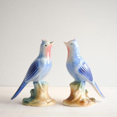 Vintage Pair of Ceramic Birds in Blue and Pink, Pair of Bird Figurines 