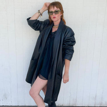 Excelled Oversized Vintage Leather Jacket 80s Black Long Coat 1980s Breakfast Club 