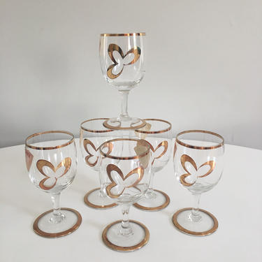 Vintage Bohemia Glass Stemmed Cordial Glasses, Set of 6, Made in Czechoslovakia, Gold Mid Century Barware, Three Leaf Clover Etched Design 