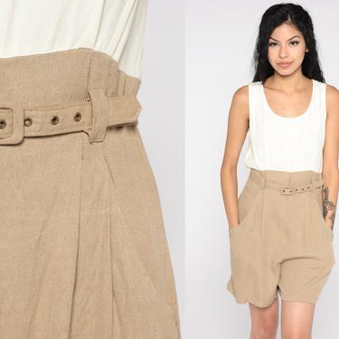 90s Romper Sleeveless Belted Playsuit Off-White Tan High Waisted Playsuit Jumpsuit 1990s Boho Vintage Preppy 80s Summer Plain Small 