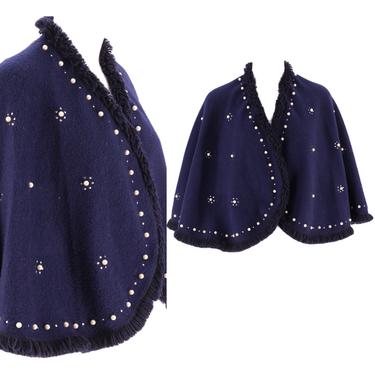 50s navy pearl encrusted wool cape /vintage 1950s eyelash fringe blue Mid Century shawl capelet wrap One Size 
