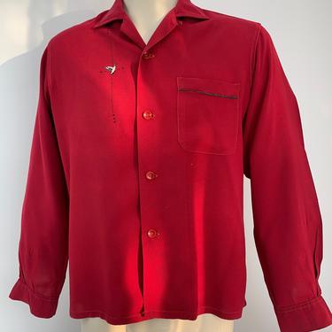 1950's Rayon Shirt- PLEASURE KING LABEL - Deep Red Rayon - Embroidered Duck Crest - Patch Pocket - Loop Collar - Men's Size Medium 