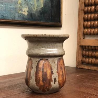 Handmade Signed Wheel Spun Ceramic Vase Planter Holder Earthen Tone Natural Glaze Blue Grey Brown Art Home Accent Decor Pottery 