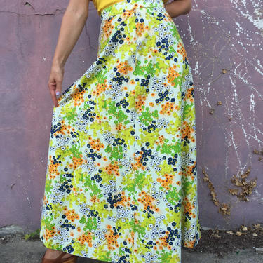 vintage 70s skirt | floral print bohemian maxi skirt | a-line cotton long skirt 