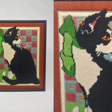 Vintage 80s Tuxedo Cat Framed Cross-stitch Wall Art - Eighties Embroidered Black and White Cat Wall Hanging 