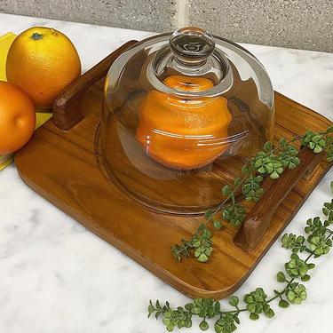 Vintage Cheese Board + Cloche Retro 1970s Dolphin + Teakwood Base + Clear Glass + Pastry + Serving Platter + Food Storage + Kitchen Decor 