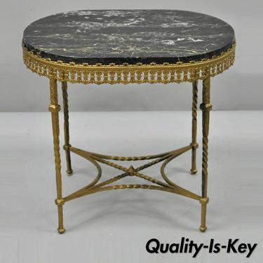 Antique French Art Nouveau Deco Oval Marble Top Wrought Iron Accent Side Table