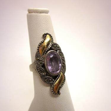 Vintage Sterling Silver Amethyst Purple Glass Gold Tone and Marcasite Victorian Style Victorian Revival Steampunk Style Cocktail Ring 