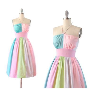 50s Pastel Color-Block Cotton Sun Dress / 1950s Vintage Halter Dress / Small / Size 4 