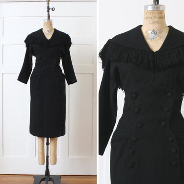 vintage 1950s wool dress • vixen wiggle dress with fringe &amp; cape detail in black wool 