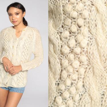 Cream Cardigan Sweater 70s Sheer Open Weave Sweater Cable Knit Bohemian Sweater Vintage Wool Blend Knit 1970s Grandma Boho Small Medium by ShopExile