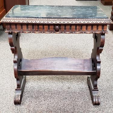 Item #DR1 Carved English Oak &amp; Marble Top Book Table c.1940