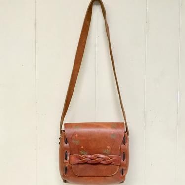 Vintage 1960s Brown Leather Hippie Purse, 60s Boho Tooled Leather Shoulder Bag 