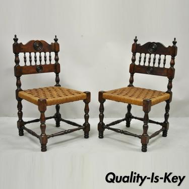 Antique Henry II Walnut Rush Seat Small Childrens Child Side Chairs - a Pair