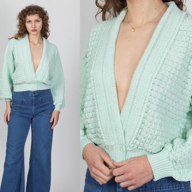 70s 80s Mint Green Cropped Knit Sweater - One Size | Vintage Deep V Neck Slouchy Long Sleeve Crop Top 
