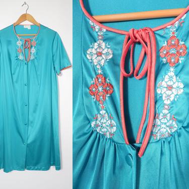 Vintage 70s Bright Teal Nightgown With Embroidered Flowers Size M 