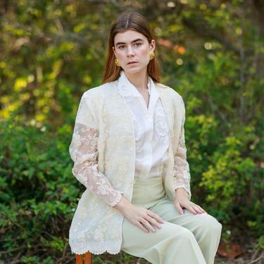 80s Off White Lace Embroidered Jacket Vintage Victorian Sheer Long Sleeve Blazer 