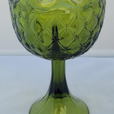 Vintage Olive Avocado Green Indiana Glass Duette Pattern Decorative Goblet