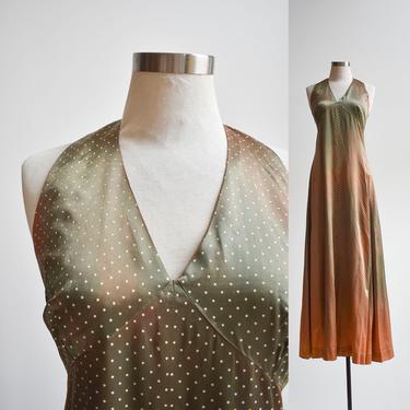 1970s Green &amp; Brown Floor Length Evening Gown 