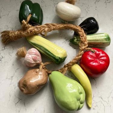 Vintage Rope of Life-Size Colorful Ceramic Veg, Antique 10 Veggies: Tomato, Corn, Green Pepper, Onion, Potato, Garlic, Avocado, Pepper, & Za by LeChalet