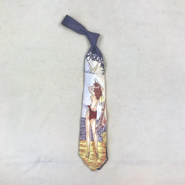 1940s 1950s Vintage Necktie with Topless Woman on a Dock 