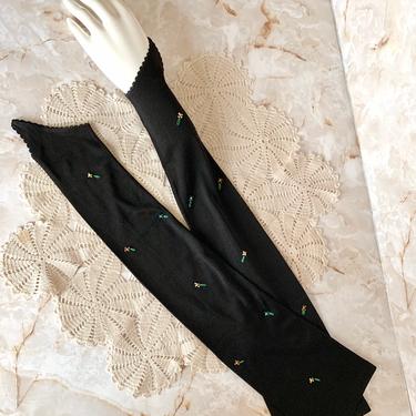 Black Super Long Gloves, Embroidered, Beaded, Fingerless, 22 In. Long, Above The Elbow, Nylon, Vintage 