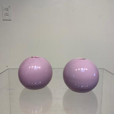 Early California Vernon Ware,  Pair of Pink Art Pottery Sphere Candleholders, Candlesticks Vernon Kilns 