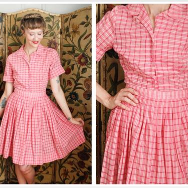 1950s Dress Set // Pink Plaid Cotton Shirt &amp; Skirt Set // vintage 50s dress set 