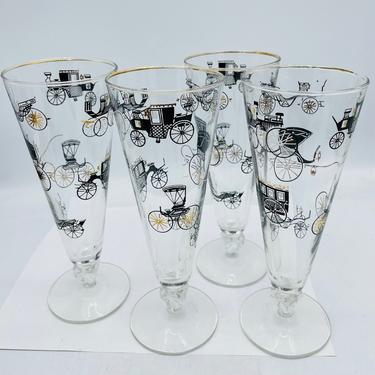 Vintage set of (4) Barware Pilsner Glasses Beer Gold Rim Antique Horse Drawn Buggy Carriage- Libbey 