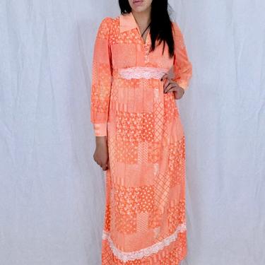 Vintage 60s Orange and White Psychedelic Patchwork Pattern Light Polyester Nylon Fold Over Collar Long Sleeve Empire Waist Maxi Dress M // S 