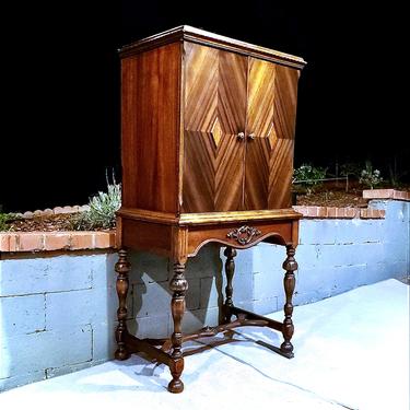 Antique Mahogany Radio Cabinet with Walnut Veneer Marquetry Doors 
