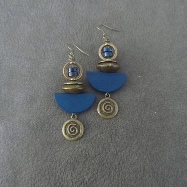 Blue earrings, wood and bronze dangle earrings, Afrocentric jewelry, African earrings, mid century modern earrings, unique geometric earring 
