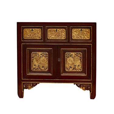 Chinese Vintage Fujian Golden Foo Dogs Carving Chest Cabinet cs5870E 
