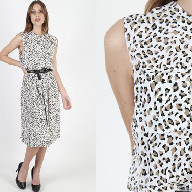 Vintage 80s Sleeveless Animal Print Dress 1980s Black Spotted Leopard Print Dress Pleated Skirt Ivory Casual Midi Mini Dress 