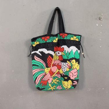 Retro Beaded Rooster Cinch Tote Bag