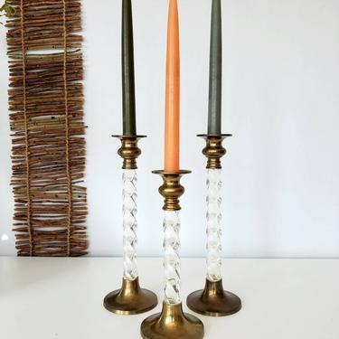 Tall Lucite Twist &amp; Brass Candlestick Holder Set 