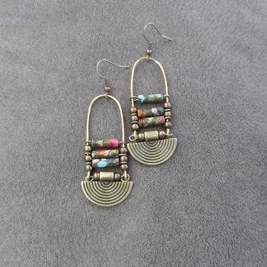 Chandelier earrings, Afrocentric mosaic jasper, antique bronze earrings, ethnic statement earrings, chunky bold earrings, African earrings 